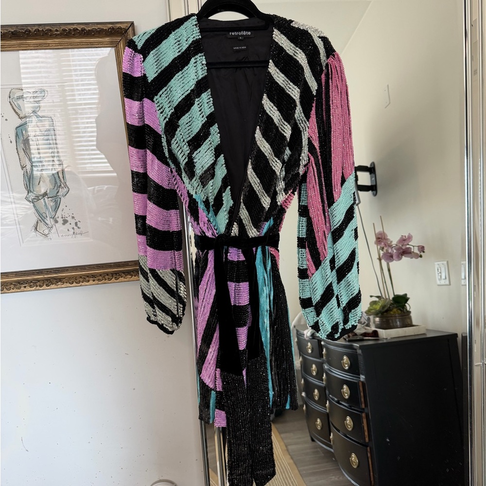 Retrofete Striped Sequin Mini Dress - Black, Pink, Green